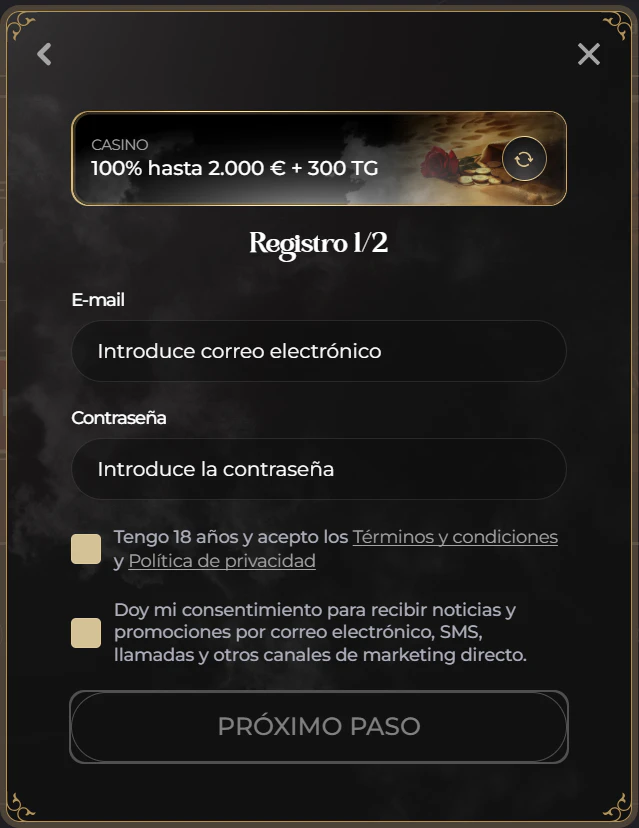 Página de registro y acceso a la cuenta de Casina