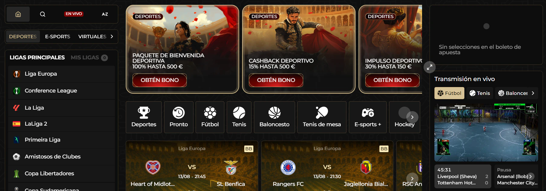Sección de deportes, apuestas y eSports de Casina